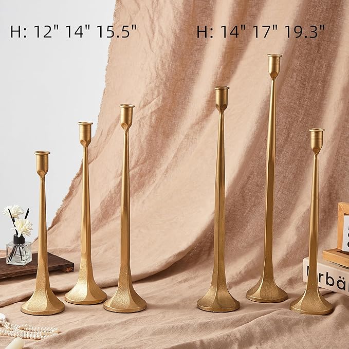 Denique Iron Taper Candle Holder Set of 3, Black Candlestick Holders 19.3”17” 14” Heightening Decorative Candle Stand Set for Wedding, Dining Table, Home Decoration (Gold)