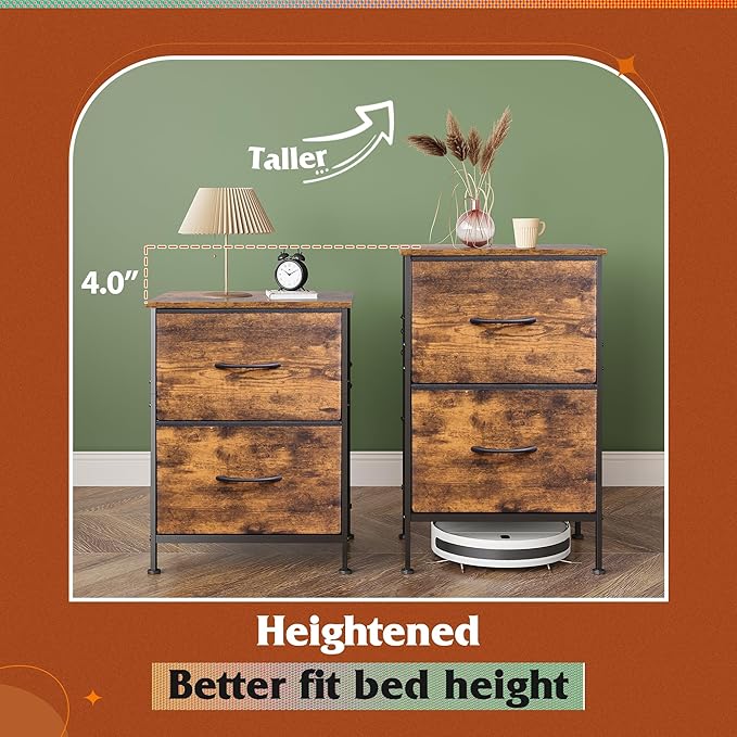 WLIVE Night Stand Set 2, Dresser and Nightstand Sets, Nightstands with 2 Fabric Drawers, End Tables for Bedroom, Bedside Furniture, College Dorm, Rustic Brown Wood Grain Print, Size L