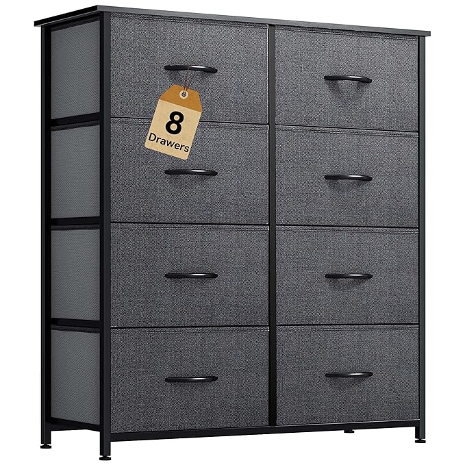 DWVO Fabric Dresser for Room, Tall Storage 8 Drawers, Black Dresser & Chest of Drawers, Storage Drawer Organizer for Closet, Living Room