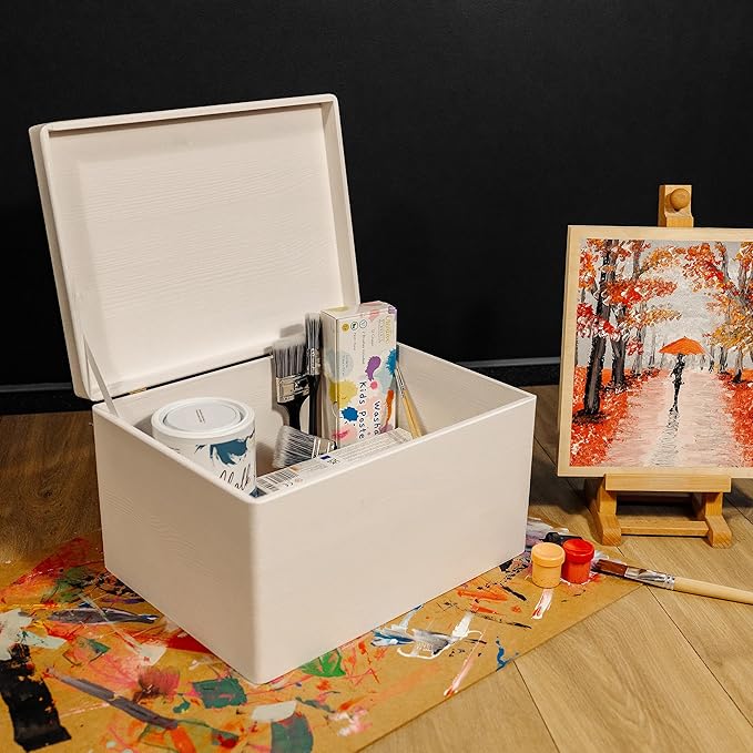 Large White Wooden Box Storage with Hinged Lid | 15.8 x 11.8 x 9.44 inches (+-0.5) | Gift Box for Tool Dog Toy Shoes Clothes Kitchen Storage Document | Wood Keepsake Chest