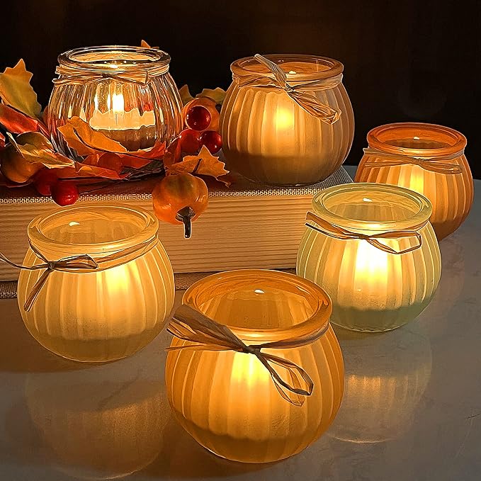 WDHODEC Fall Candle Holders Set of 6, Glass Pumpkin Tealight Votive Candle Holder for Halloween Thanksgiving Table Decoration