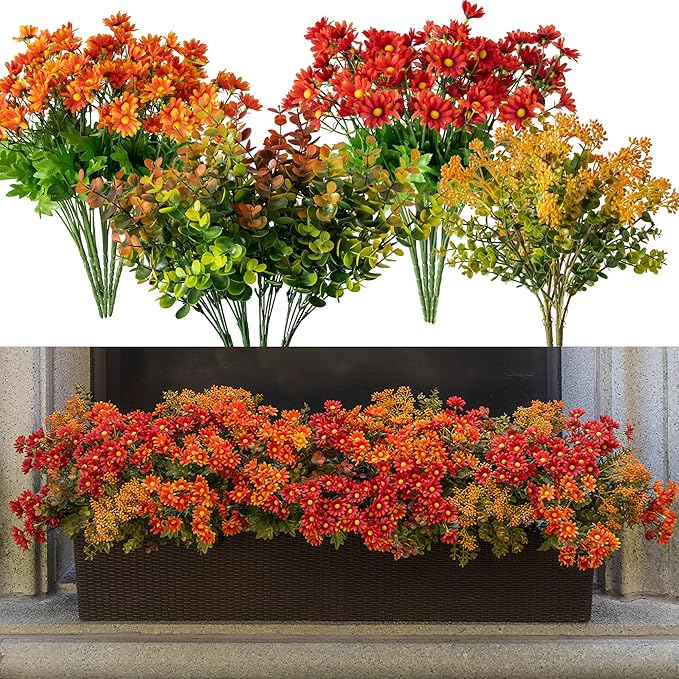 15 pcs Fall Artificial Outdoor Branch with Eucalyptus Leaves, Fake Silk Daisy, Faux Flower for Indoor Outside Hanging Plants Garden Porch Window Box Home Wedding Farmhouse Décor