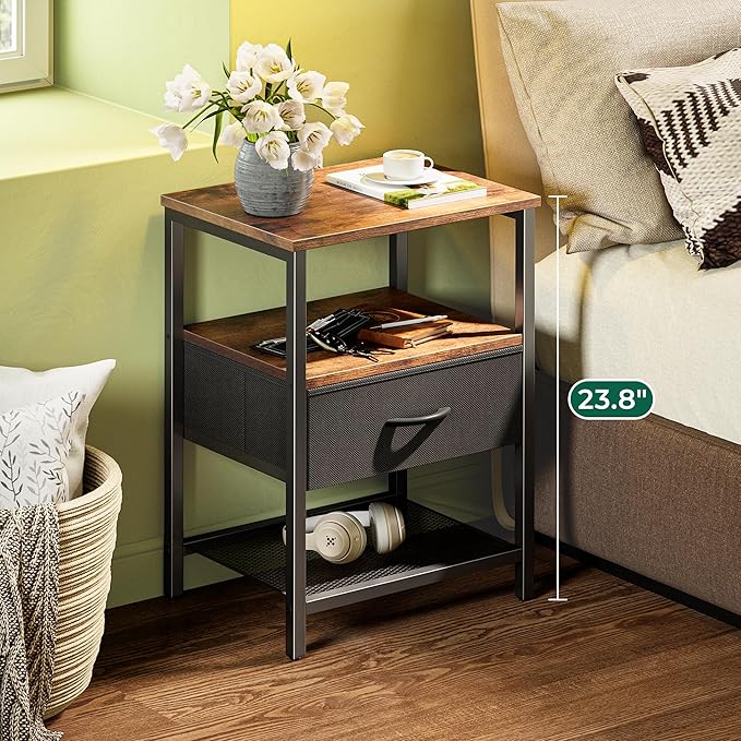 Huuger Nightstand Set of 2, Night Stand with Fabric Drawer, Mesh Shelf, Side Table with Storage, Fabric Drawer Dresser, Open Shelf, Metal Frame, Bedroom, Rustic Brown and Black