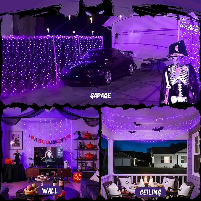 JMEXSUSS 300LED Purple Christmas Lights with Remote, Curtain Hanging Light Plug in, 8 Modes Purple String Lights for Bedroom Window Wall Party Backdrop Halloween Christmas Decorations