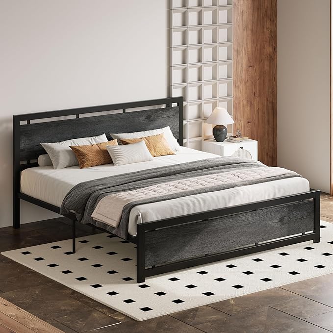 LIKIMIO California King Bed Frame with Headboard and Footboard, Metal Strong Supports, Easy Assembly, Noise-Free, No Box Spring Needed, Charcoal Grey