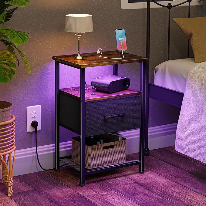 Nightstands Set of 2 with Charging Station and Drawer, End Table Bedside Table with 20 Colors LED Light Strip and 2 Layers Shelf for Bedroom Living Room (Rustic Brown)