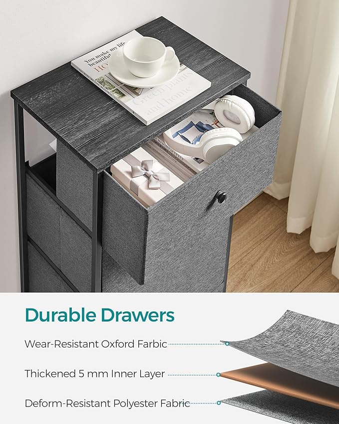 SONGMICS Dresser for Bedroom, Fabric Dresser with 4 Drawers, Metal Frame, Small Chest of Drawers, Gray and Black with Wood Grain ULTS314G22