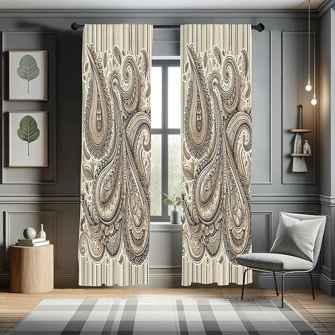 Ambesonne Paisley Curtains, Delicate Bohemian Leafy Motives on Stripes in Neutral Muted Colors, Window Treatments 2 Panel Set for Living Room Bedroom, Pair of - 28" x 95", Warm Taupe Ivory and Sepia