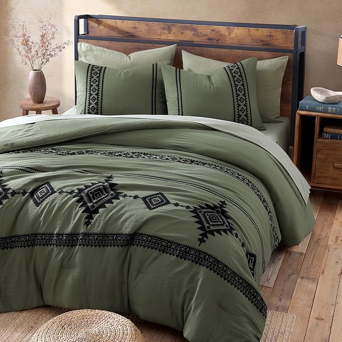 MaiRêve Olive Green Embroidery Comforter Sets Full Size - 7 Piece, Farmhouse Western Boho Comforter Set, All Season Bed in A Bag Full with Sheets, Pillowcases & Shams