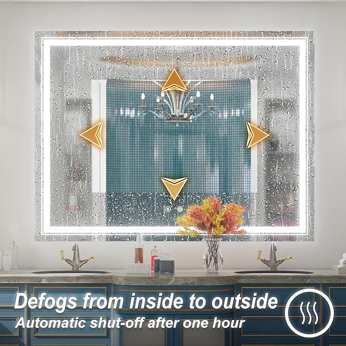 48 x 36 Inch LED Bathroom Mirror with Lights, Wall Mounted Lighted Bathroom Vanity Mirrors, Stepless Dimmable, Memory Funtion, Anti-Fog, 6000K, Shatter-Proof, Horizontal or Vertical