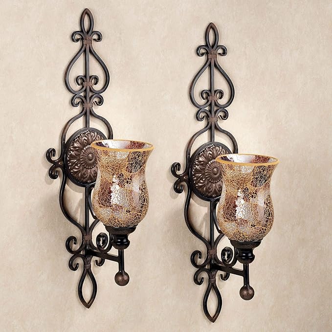 Touch of Class Leyanna Mosaic Wall Sconce Pair - Aged Brown, Victorian Style, Made of Metal, Glass - Antique Sconces, Medallion Designs - Set of 2, Ornate Candle Holder