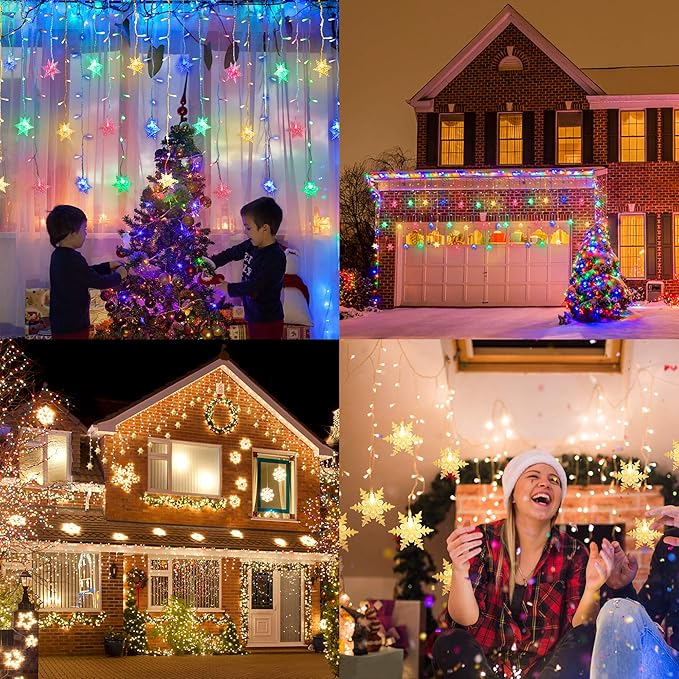 Christmas Snowflake Icicle Lights - Connectable 40ft 360 LEDs Multicolor/Warm White 20 Color Changing Waterproof Outdoor LED Christmas Lights With RF Control for House Curtain, Eaves, Xmas Decorations