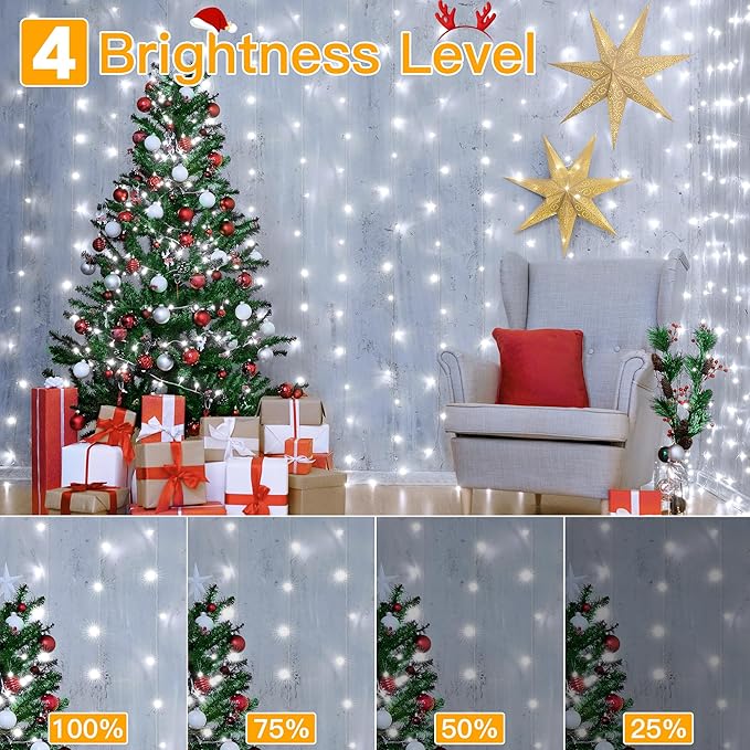 Ollny Curtain Lights 6.6x6.6ft, 200 LED White Christmas Lights with Remote 8 Modes Dimmable Timer, USB Power String Light for Bedroom Backdrop Indoor Window Wedding Decorations