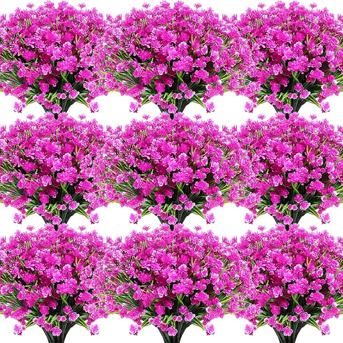 Hoteam 40 Bundles Outdoor Artificial Flowers Plants UV Resistant Outside Faux Flowers Plastic Fake Plants Outdoor Summer Fall Four Seasons Decoration Shrubs Garden Porch, Purple Red