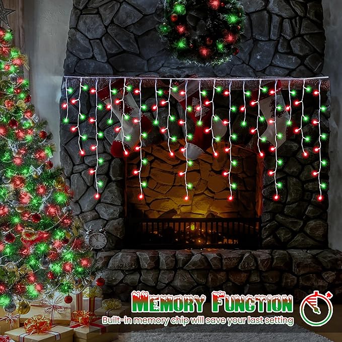 Toodour Red & Green Christmas Icicle Lights, 29.5ft 360 LED Icicle Lights, 8 Modes, 60 Drops, Window Curtain Led Christmas Light, Icicle Twinkle Light for Eaves, Party, Wedding, Xmas Decorations
