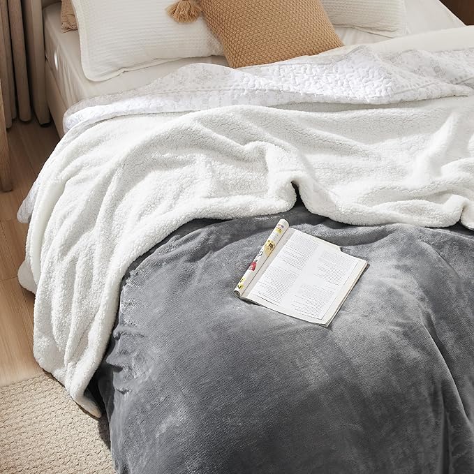 Bedsure GentleSoft Sherpa Fleece Blankets Queen Size for Bed - Thick and Warm Throw for Women and Men, Soft Fuzzy Plush Queen Blanket for Winter, Grey, 90x90 Inches