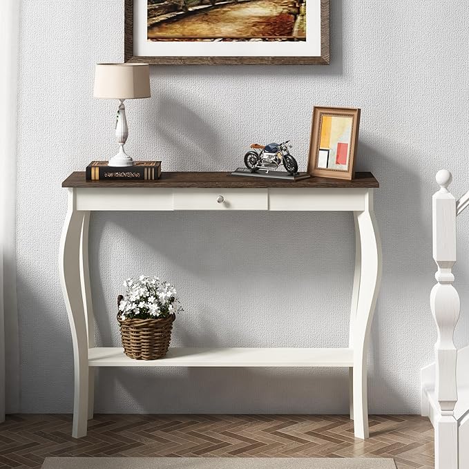 ChooChoo Narrow Farmhouse Console Table with Drawer, Chic Accent Sofa Entryway Table with Shelves for Entryway, Living Room, Hallway, Soft White