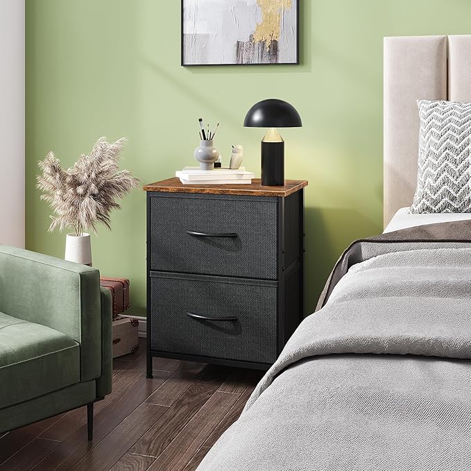 WLIVE Nightstand, 2 Drawer Dresser for Bedroom, Small Dresser with 2 Drawers, Bedside Furniture, Night Stand, End Table with Fabric Bins for Bedroom, Closet, Entryway, Black and Rustic Brown