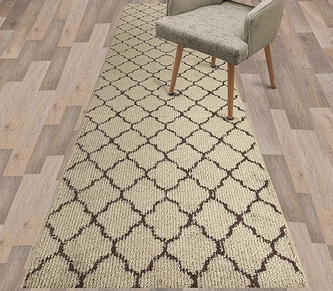 Custom Size Modern Runner Rug Carpet for Hallway Entryway Foyer Kitchen, Slip Resistant Latex Rubber Backed 31 inch Wide X Customized Length, Trellis Beige, 31 inch X 28 feet