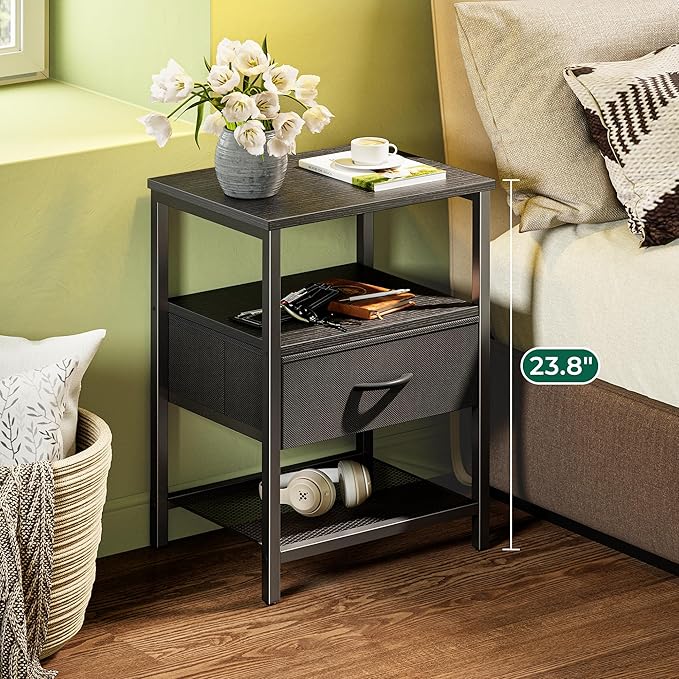 Huuger Night Stand with Fabric Drawer, Side Table with Mesh Shelf, Bedroom Nightstand, Fabric Drawer Dresser, Open Shelf, Metal Frame, Couch Side, Black