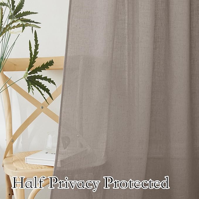 RYB HOME Solid Semi Sheer Curtains Rod Pocket Living Room/Bedroom, Linen Sheer Light Filtering Curtains 72 inches Long, Birch Brown, W 52 x L 72 inch Length, 1 Pair