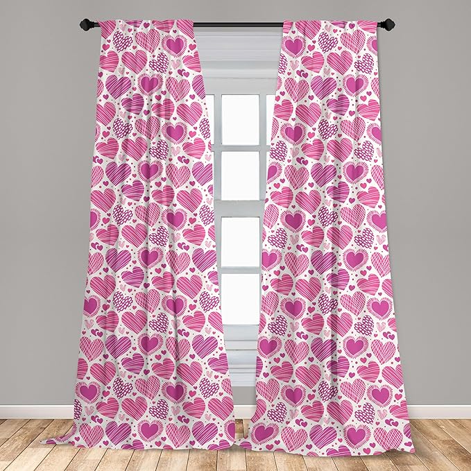 Ambesonne Valentines Window Curtains Pack of 2, Romantic Heart Shapes with Many Different Designs Polka Dots Crossed Lines, Lightweight Set with Rod Pocket, 4 Panels of - 28" x 95", Pink White