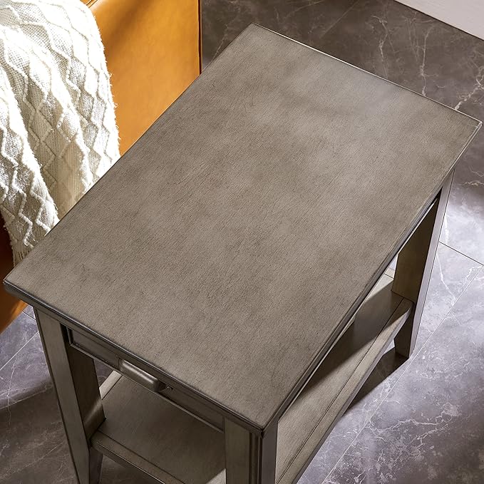 Laurent Narrow Solid Wood Side End Table with Shelf and Drawer, Smoke Gray Wash – Leick Home, 10506-GR