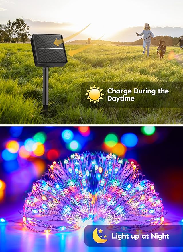 Minetom Solar String Lights for Outside, 33Ft 100 LED Outdoor Solar Fairy Lights, 8 Modes Balcony Lights for Tree Patio Christmas Party Wedding Decor (Multicolor)