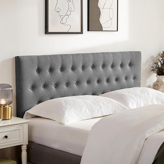 Tufted Upholstered Headboard Queen Size, Solid Wood Head Board with Durable Metal Legs, Adjustable Height Bed headboard from 37” to 51” Fabric Headboard in Modern Button Design, Grey