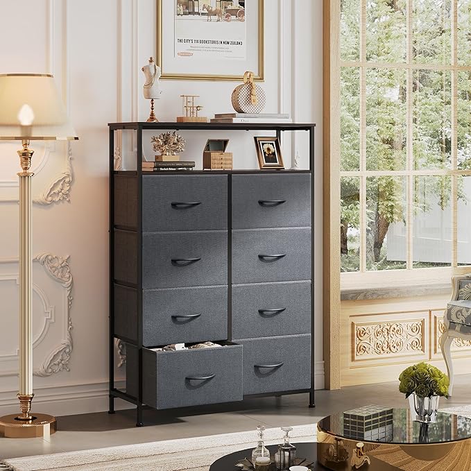 WLIVE Fabric Dresser for Bedroom with Open Shelves, Tall Dresser with 8 Drawers, Storage Tower with Fabric Bins, Chest of Drawers for Closet, Living Room, Hallway, Charcoal Gray