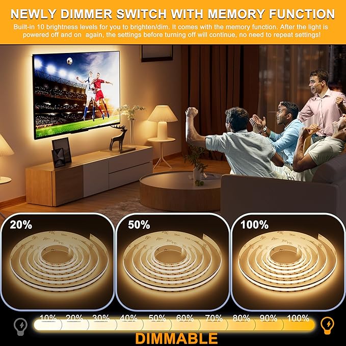 PAUTIX COB LED Strip Light 5V USB 6.56ft/2m 640LEDs 1200lm Dimmable LED Strip Light 3000K Warm White CRI90+ USB TV Backlight,Flexible Under Cabinet Tape Light for Bedroom,Kitchen,Home DIY Lighting