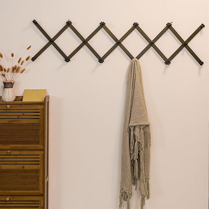 SKOLOO Hat Rack for Wall with 17 Hooks, Solid Wooden, Modern, Expandable Coat Rack Wall Mount for Coats, Hats, Bags, Baseball Caps, Dark Walnut Color