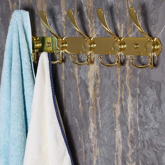Dseap Coat Rack Wall Mounted - 5 Tri Hooks, Heavy Duty, Stainless Steel, Metal Coat Hook Rail for Coat Hat Towel Purse Robes Mudroom Bathroom Entryway (Gold, 2 Packs)