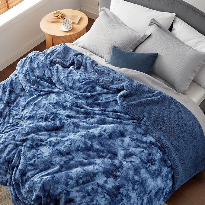 Bedsure GentleSoft Sherpa Fluffy Blanket Queen Size for Bed - Fleece Warm and Cozy for Women Gift, Plush & Fuzzy Faux Fur Christmas Blanket for Couch, Sofa Decor, Tie Dye Design, Indigo, 90x90 Inches