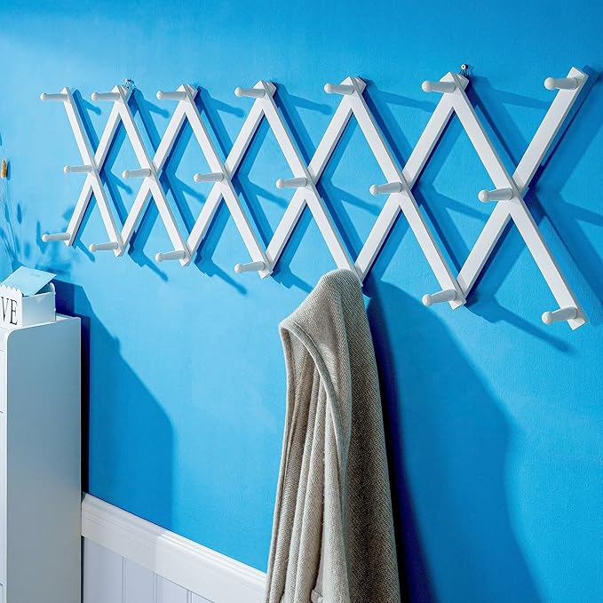 SKOLOO Hat Rack for Wall with 20 Hooks, Solid Wooden, Modern, Expandable Coat Rack Wall Mount for Coats, Hats, Bags, Baseball Caps, White