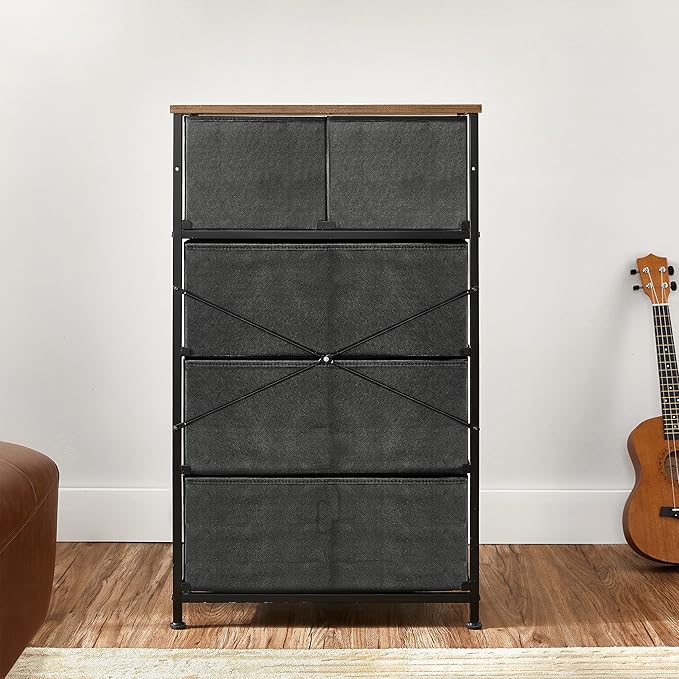 SONGMICS Drawer Dresser, Storage Dresser Tower with 5 Fabric Drawers, Wooden Front and Top, Industrial Style Dresser Unit, for Living Room, Hallway, Nursery, Brown and Black ULGS45H
