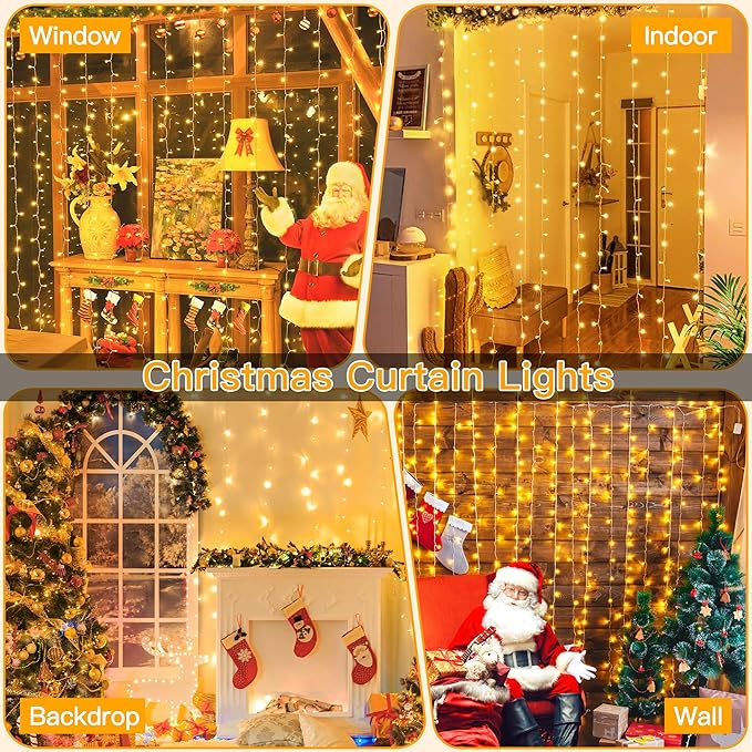 Ollny 2 Pack Curtain String Lights Warm White, 400LED 6.6x6.6ft Fairy Lights With Remote 8 Modes, Hanging Outdoor Waterproof, USB Power Wall for Bedroom Indoor Backdrop Window