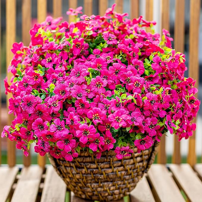 Artificial Flowers for Outdoors Fake Plants - 16 Bundles Faux Outside Greenery Boxwood No Fade Plastic Shrubs Fall Decor Farmhouse Home Garden Thanksgiving Mums (Red)