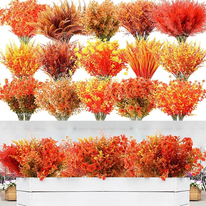 Mimorou 100 Bundle Fall Artificial Flowers Outdoor UV Resistant Autumn Orange Fake Plants Flowers Faux Plastic Greenery Decoration Shrub for Wedding Window Box Home Porch Fireplace Thanksgiving