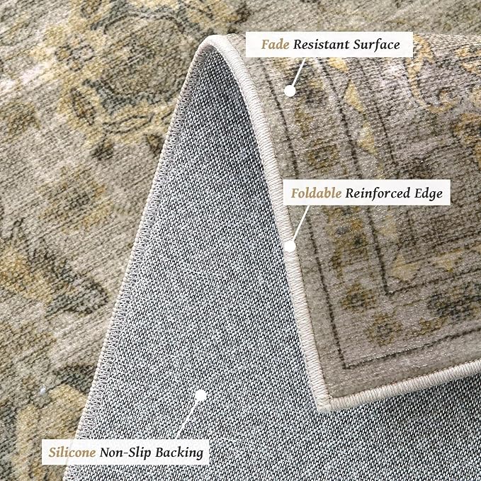 Washable 8x10 Area Rugs for Living Room, Boho Non-Slip Silicone Backing Rugs for Bedroom Dining Room Nursery Office, 0.3" Neutral Oriental Throw Carpet with 0.16" Cushioning Pad, Light Brown/Multi