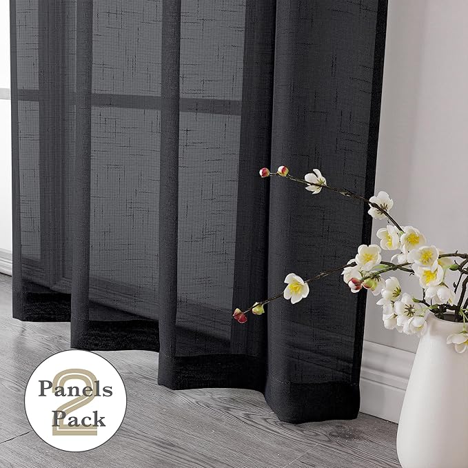 Aiyufeng Kirei Black Sheer Curtains 96 Inches Long 2 Panels, Faux Linen Slub Textured Light Filtering Soft Airy Rod Pocket Curtain Drapes for Farmhouse Living Room Bedroom, Each 40Wx96L Inch
