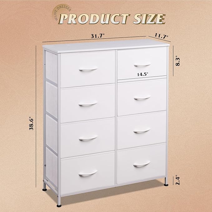 WLIVE Fabric Dresser for Bedroom, Tall Dresser with 8 Drawers, Storage Tower with Fabric Bins, Double Dressers, Chest of Drawers for Closet, Playroom, Dormitory, White