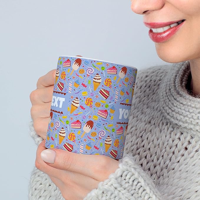 Personalized Mug for Kids - Sweets - Custom Name/Text, Ceramic Hot Chocolate/Cocoa/Coffee Cup for Boys/Girls, Birthday/Christmas/Holiday Gift - 11 oz, Light Blue Handle