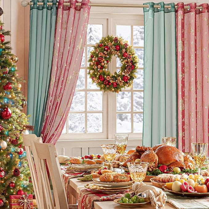NICETOWN 4 Pieces Christmas Curtain Bundle, 2 Pieces W29xL84 Green Sheer Curtains & 2 Pieces W40xL84 Gold - Foil Stamped Drapes, Elevate Your Holiday Decor