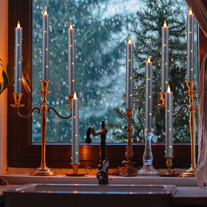 Da by 3 Pcs Flickering Flameless Battery Operated Taper Candle-Window Candles with Remote and Time-LED 3D Dynamic Flame-9.6 Inches for Wedding, Party,Home Decoration-Grey
