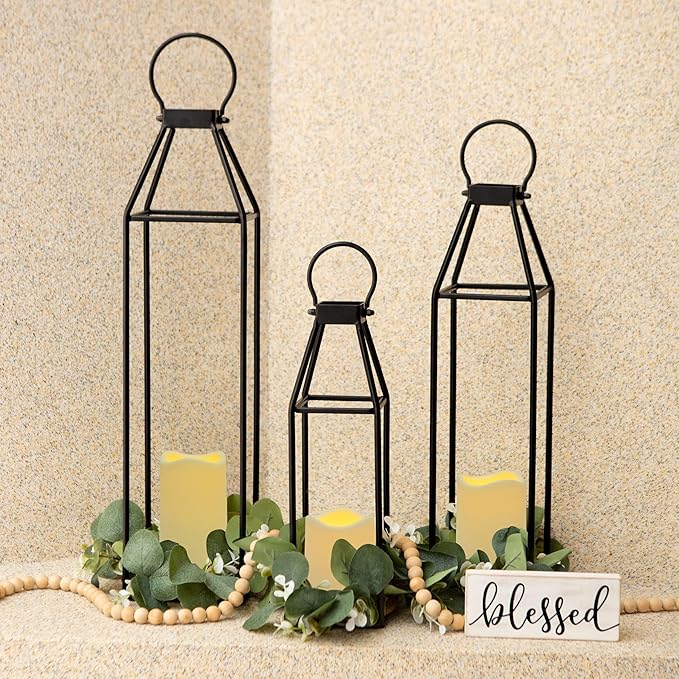 Perfnique Set of 3 Black Metal Lanterns w/ Waterproof Flickering Flameless Candle & Remote Timer, Modern Farmhouse Lanterns Decorative for Outdoor, Front Porch, Indoor, Patio, Garden, Fireplace