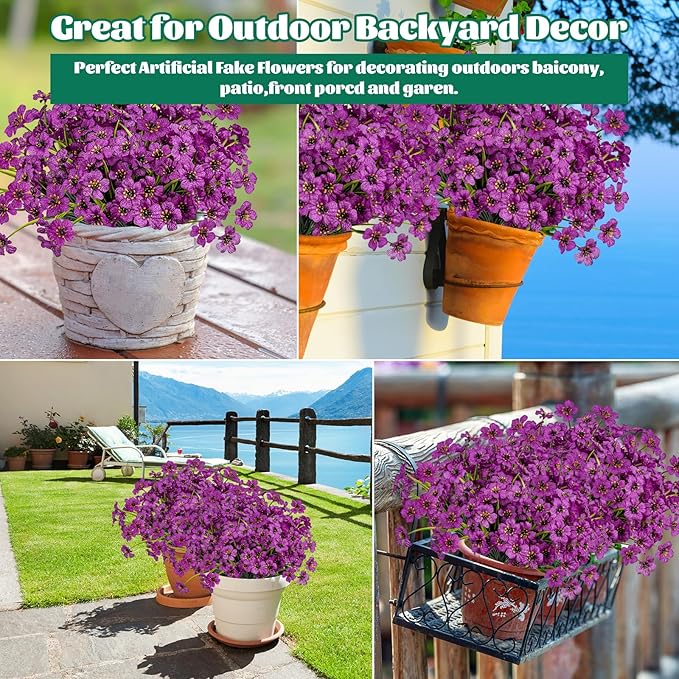 Lnoicy 24 Pcs Artificial Flowers for Outdoor,Plastic Flowers Decoration, UV Resistant Faux Flowers Shrubs, Artificial Plants for Indoor Outside Garden Home Wedding Farmhouse(Fuchsia)
