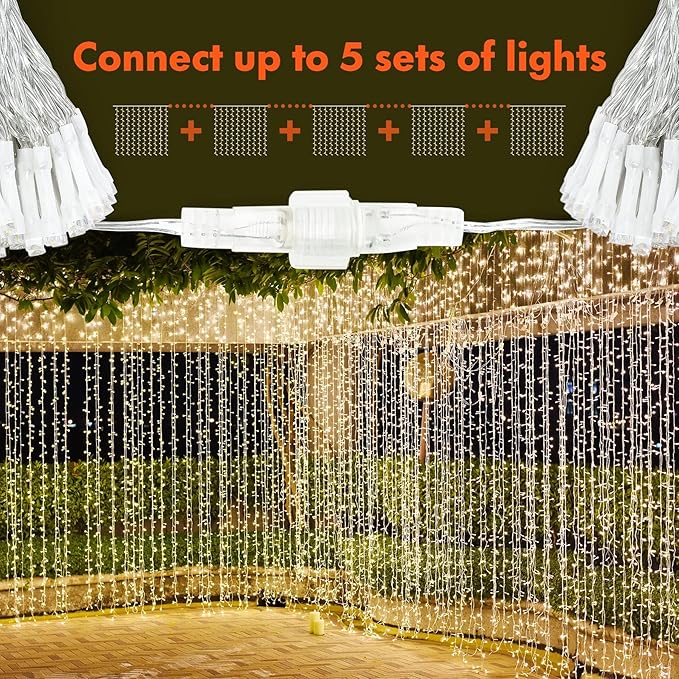 Twinkle Star 300 LED Window Fairy Curtain String Lights, 8 Modes Fairy Lights for Bedroom Wedding Party Home Garden Outdoor Indoor Wall Decorations, Warm White, 2 Pack