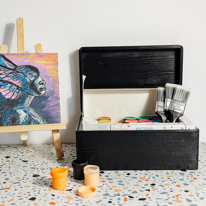 Large Black Wooden Box Storage with Hinged Lid | 11.8 x 7.87 x 5.51 inches (+-0.5) | Gift Box for Tool Dog Toy Shoes Clothes Kitchen Storage | Wood Keepsake Chest
