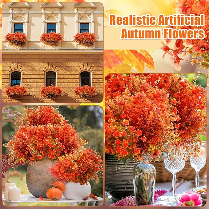 Mimorou 100 Bundle Fall Artificial Flowers Outdoor UV Resistant Autumn Orange Fake Plants Flowers Faux Plastic Greenery Decoration Shrub for Wedding Window Box Home Porch Fireplace Thanksgiving